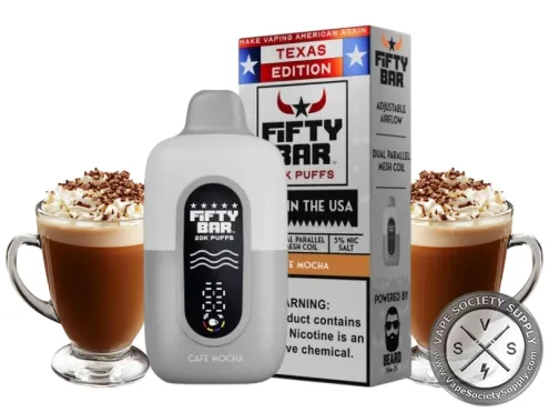 Fifty Bar 20K Texas Edition Cafe Mocha disposable vape and box with mugs of mocha with whipped cream