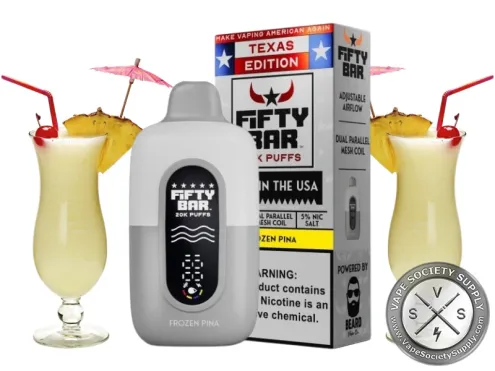 Fifty Bar 20K Texas Edition Frozen Pina disposable vape and box with glasses of pina colada with pineapple