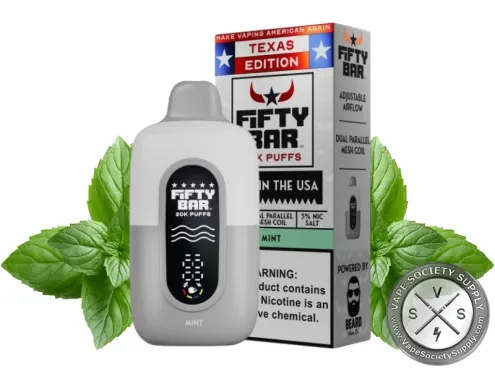 Fifty Bar 20K Texas Edition Mint disposable vape and box with mint leaves