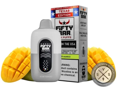 Fifty Bar 20K Texas Edition Sour Mango disposable vape and box with mangoes