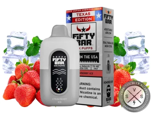 Fifty Bar 20K Texas Edition Strawberry Ice disposable vape and box with strawberries, ice cubes and mint leaves