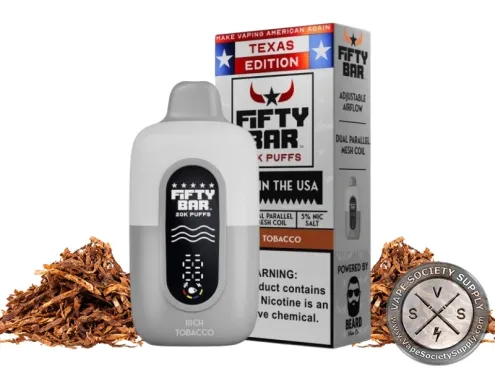 Fifty Bar 20K Texas Edition Rich Tobacco disposable vape and box with dried tobacco
