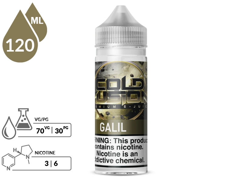 Galil by Cold Fusion 120ml bottle with a 70/30 VG/PG icon and nicotine strength icons