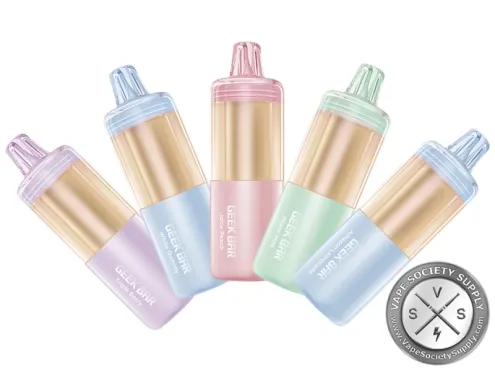 Five Geek Bar Mate 60K pods in pink, blue, peach, green and light blue