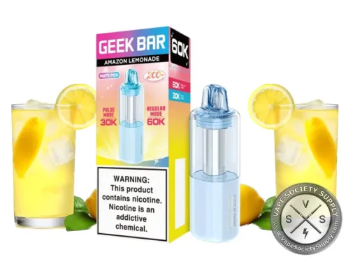 Geek Bar Mate 60K Amazon Lemonade pod with its box, next to glasses of lemonade with lemon slices