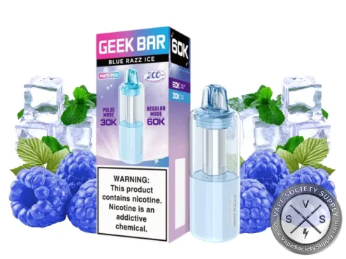 Geek Bar Mate 60K Blue Razz Ice pod with its box, next to blue raspberries and mint leaves