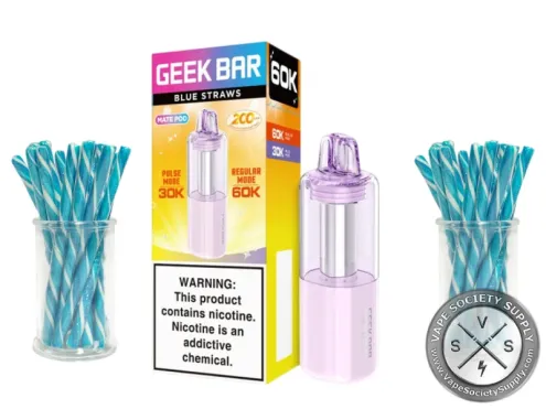 Geek Bar Mate 60K Blue Straws pod with its box, next to glasses of blue straw candies