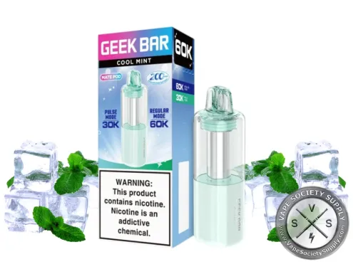 Geek Bar Mate 60K Cool Mint pod with its box, next to ice cubes and mint leaves