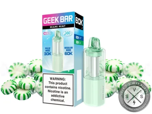 Geek Bar Mate 60K Miami Mint pod with its box, next to green and white striped mint candies