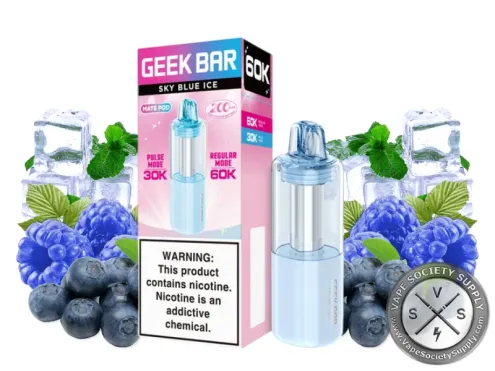 Geek Bar Mate 60K Sky Blue Ice pod with its box, next to blue raspberries, blueberries, ice cubes and mint leaves