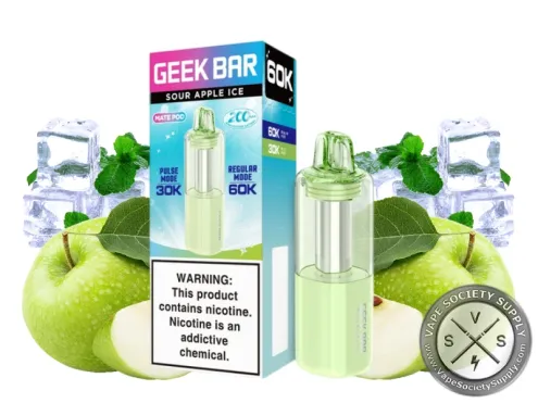 Geek Bar Mate 60K Sour Apple Ice pod with its box, next to green apples, ice cubes and mint leaves