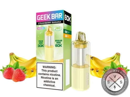 Geek Bar Mate 60K Strawberry Banana pod with its box, next to strawberries and bananas