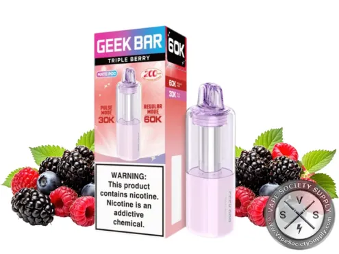 Geek Bar Mate 60K Triple Berry pod with its box, next to blackberries, raspberries and blueberries