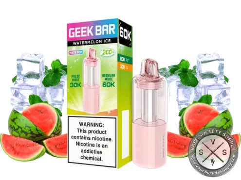 Geek Bar Mate 60K Watermelon Ice pod with its box, next to watermelon slices, ice cubes and mint leaves