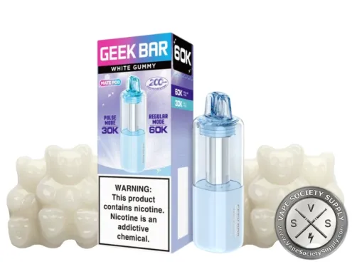 Geek Bar Mate 60K White Gummy pod with its box, next to white gummy bears