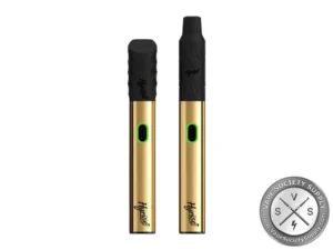Two gold Hyrise Hybrid batteries, one with the concentrate atomizer and one with the dry herb atomizer