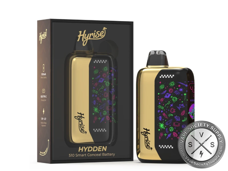Hyrise Hydden 510 Battery in gold with its box, its screen showing a space scene