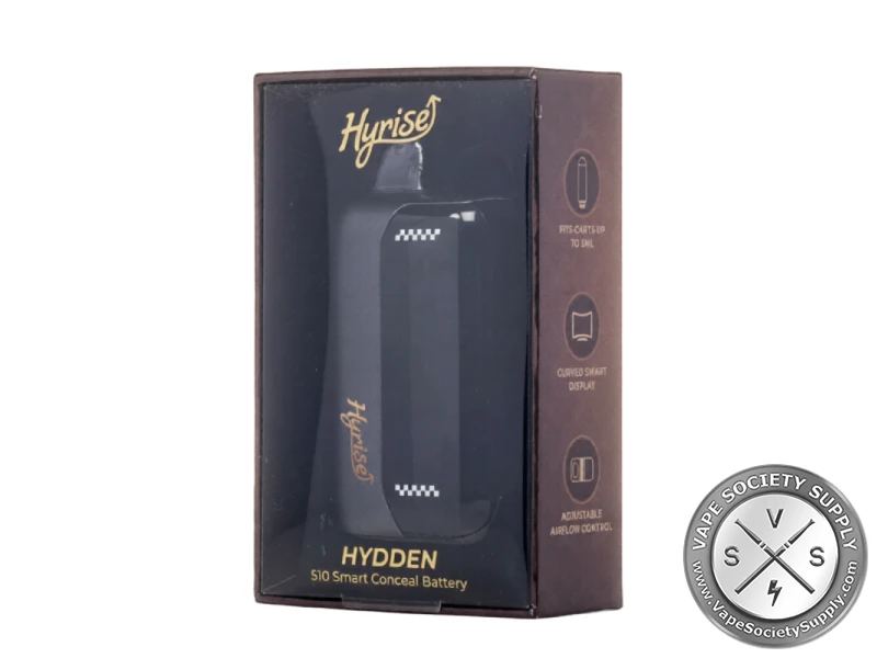 Hyrise Hydden 510 Battery box listing carts up to 3ml, a curved smart display and adjustable airflow