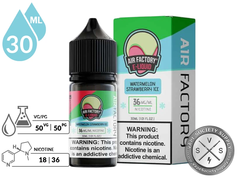 Watermelon Strawberry Ice by Air Factory Salts 30ml bottle and box with a 50/50 VG/PG icon and nicotine strength icons
