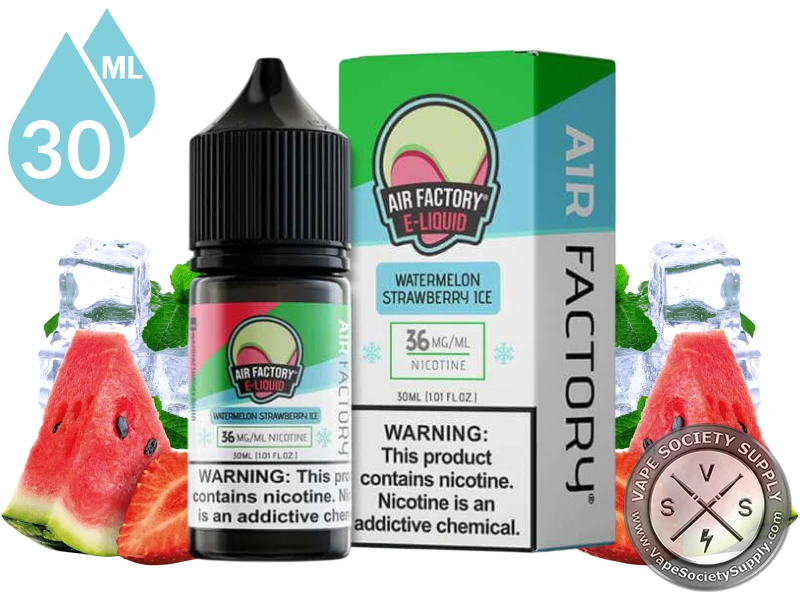 Watermelon Strawberry Ice by Air Factory Salts 30ml bottle and box with watermelon, strawberries and ice cubes