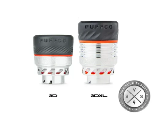 The Puffco Peak Pro 3D Chamber next to the taller 3DXL Chamber, labeled 3D and 3DXL