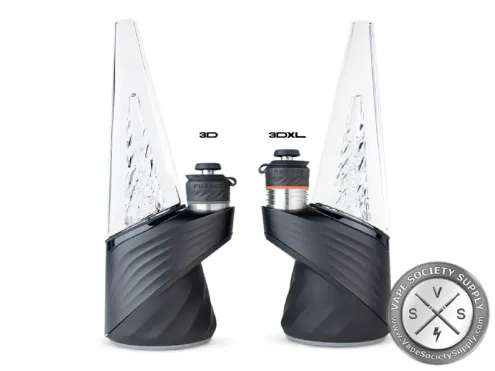 Two Puffco Peak Pro e-rigs, one with the 3D Chamber and one with the 3DXL Chamber, labeled