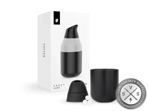 Puffco Proxy Core Accessory: black Core Cup, silicone mouthpiece and three white terp pearls in front of the box