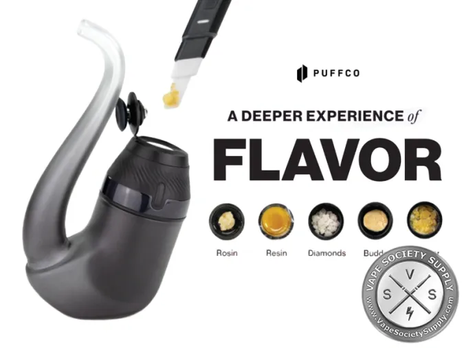 Puffco New Proxy in black with its glass pipe and Joystick Cap, being loaded, beside the words A Deeper Experience of Flavor