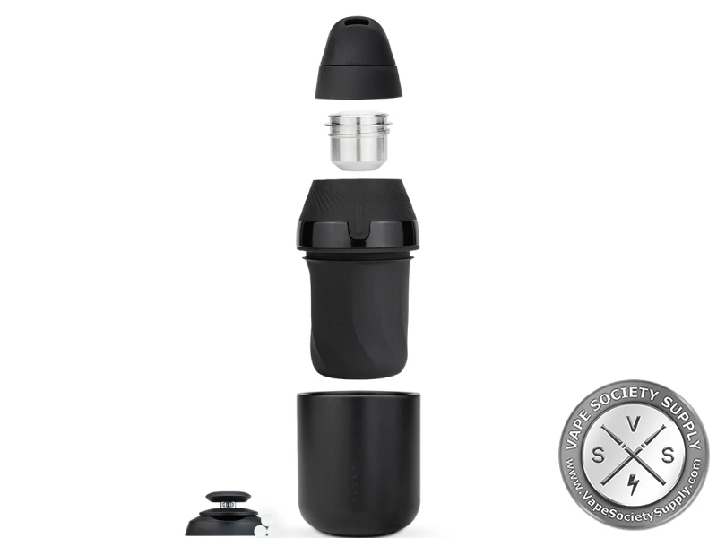 Puffco Proxy Core Kit taken apart: mouthpiece, 3D Chamber, Proxy base, Core Cup and Joystick Cap