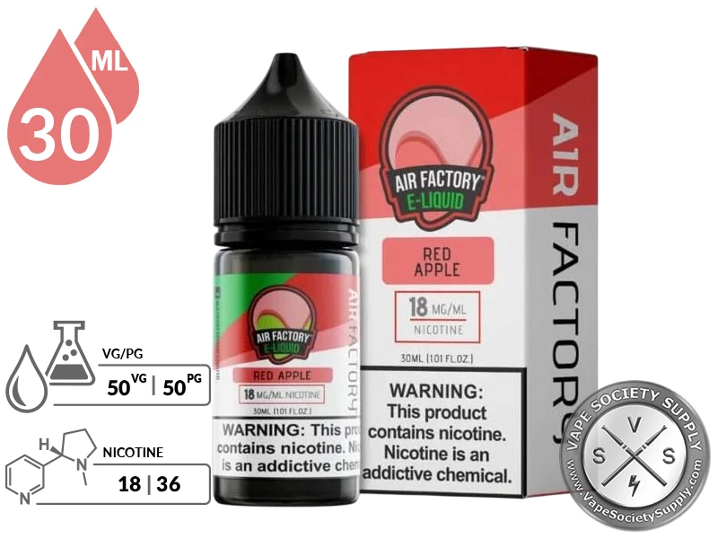 Red Apple by Air Factory Salts 30ml bottle and box with a 50/50 VG/PG icon and nicotine strength icons