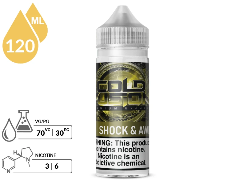 Shock & Awe by Cold Fusion 120ml bottle with a 70/30 VG/PG icon and nicotine strength icons