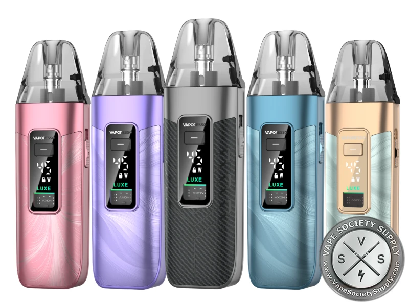 Vaporesso LUXE X3 in Sheer Pink, Fluid Purple, Carbon Black, Fluid Blue and Fluid Green, each with its display on