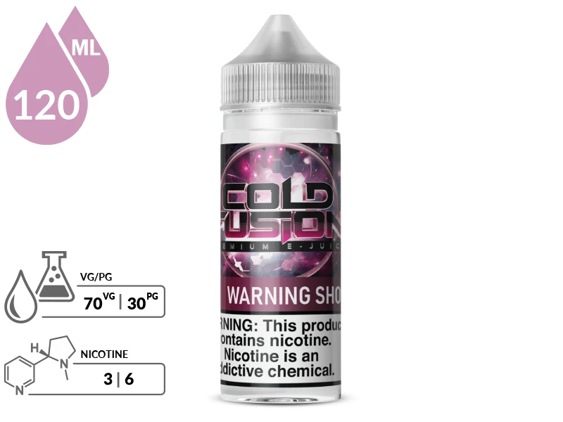Warning Shot by Cold Fusion 120ml bottle with a 70/30 VG/PG icon and nicotine strength icons