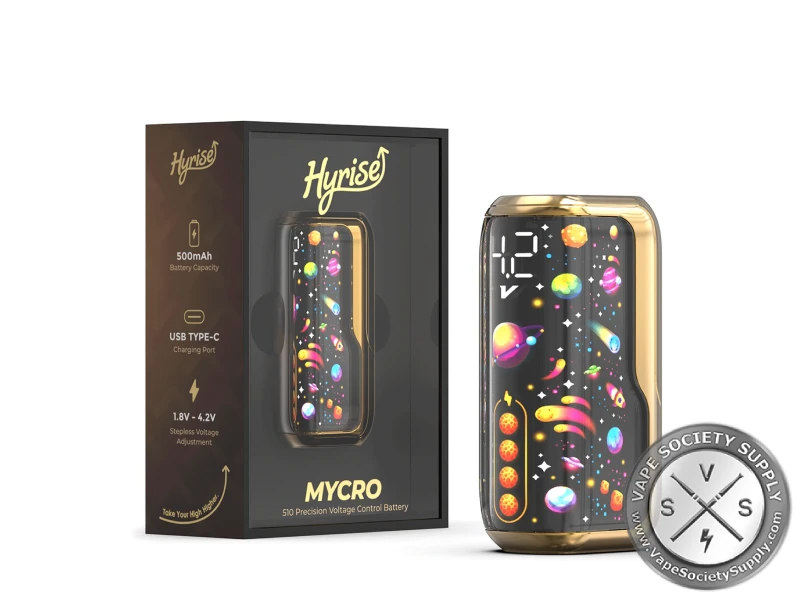 Hyrise Mycro 510 Battery in gold with its box, which lists 500mAh, USB-C and 1.8V to 4.2V stepless voltage