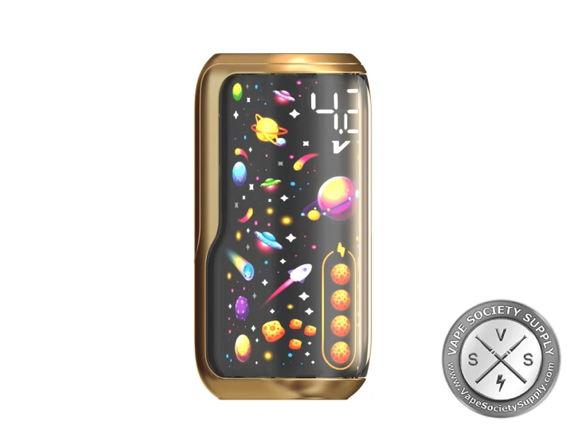 Gold Hyrise Mycro 510 Battery with its screen lit with a space scene