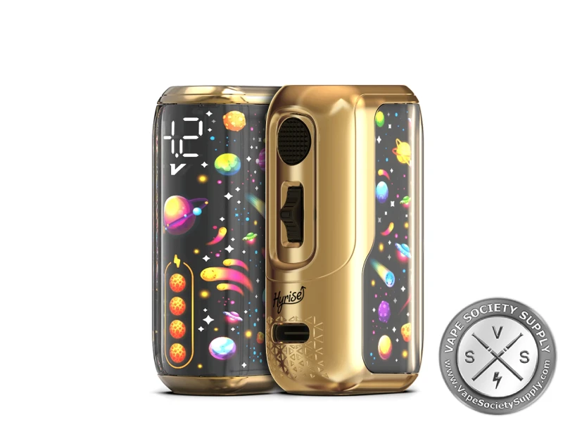 Two gold Hyrise Mycro 510 Batteries side by side, one with its screen lit