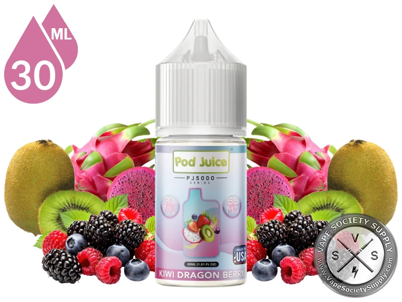 Kiwi Dragon Berry Pod Juice Bar Edition Salt 30ml bottle with kiwis, dragon fruit, blackberries, raspberries and blueberries