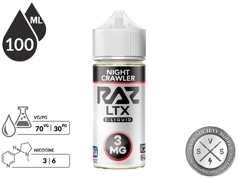 Night Crawler Pod Juice x RAZ LTX 100ml bottle with a 70/30 VG/PG icon and nicotine strength icons