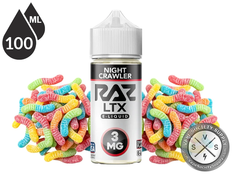 Night Crawler Pod Juice x RAZ LTX 100ml bottle with sugar-coated gummy worms