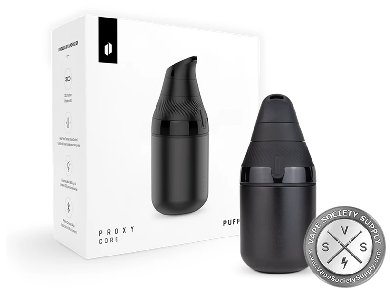 Puffco Proxy Core Kit in black standing beside its white Proxy Core box