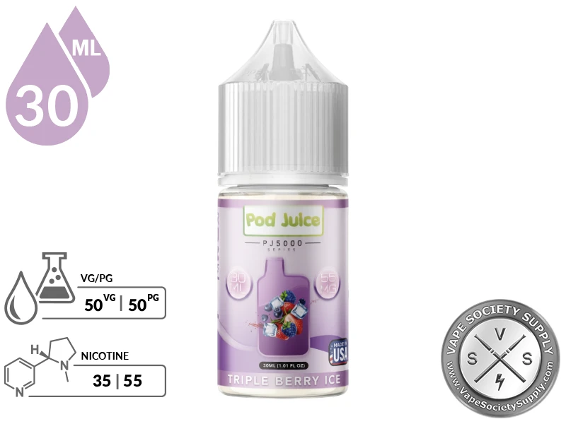 Triple Berry Ice Pod Juice Bar Edition Salt 30ml bottle with a 50/50 VG/PG icon and nicotine strength icons