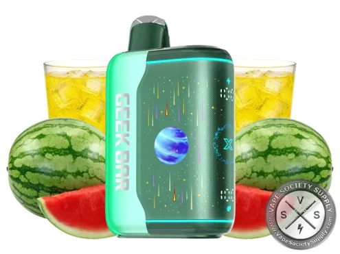 Geek Bar Pulse X2 Watermelon Bull disposable vape with a green side panel, next to glasses of a yellow drink over ice and watermelons