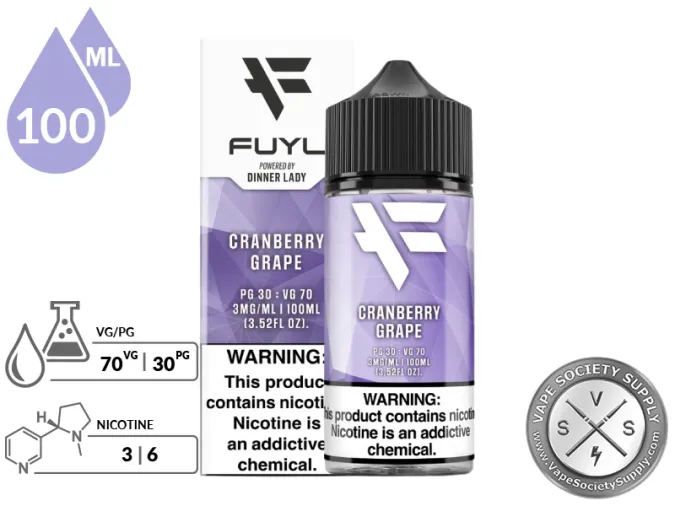 Cranberry Grape by FUYL 100ml bottle and box with a 70/30 VG/PG icon and nicotine strength icons
