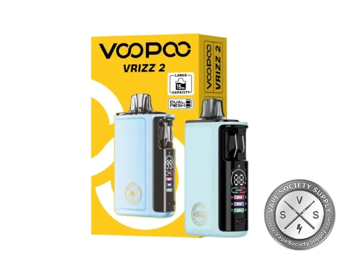 Voopoo VRIZZ 2 pod kit in blue leather with its box