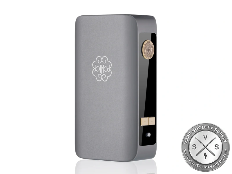 dotmod dotBox 220W V2 in Gunmetal: the embossed dotmod logo and the strip with the color screen and gold buttons