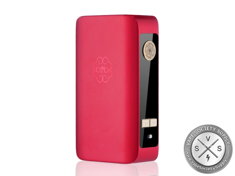 dotmod dotBox 220W V2 in Red: the embossed dotmod logo and the strip with the color screen and gold buttons