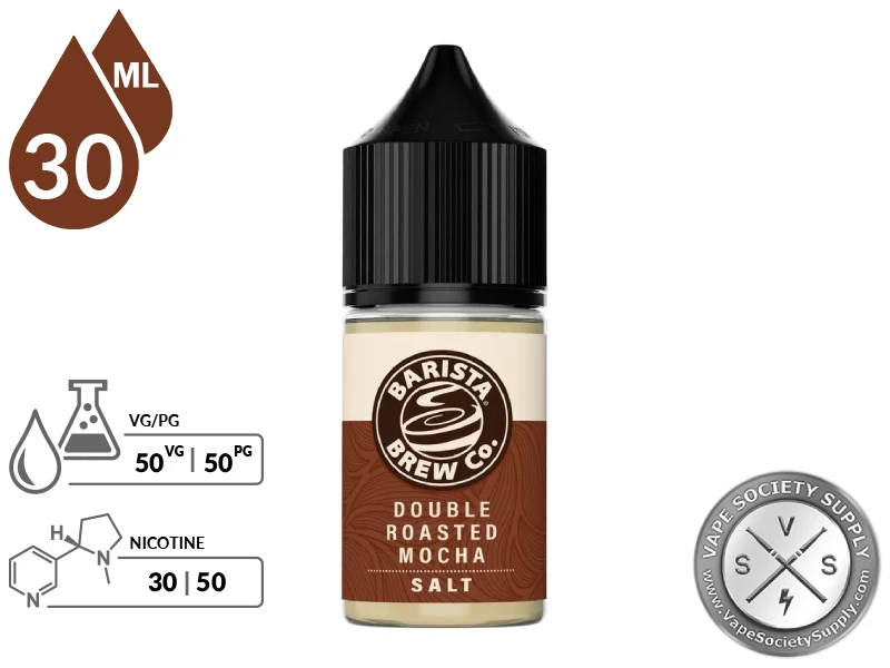 Double Roasted Mocha Barista Brew Co. Salt 30ml bottle with a 50/50 VG/PG icon and nicotine strength icons