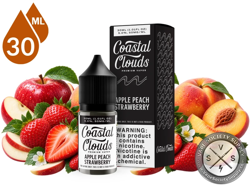 Apple Peach Strawberry Coastal Clouds Salt 30ml bottle and box with apples, strawberries and peaches