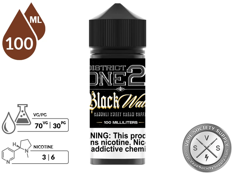 Black Water District One21 100ml bottle with a 70/30 VG/PG icon and nicotine strength icons