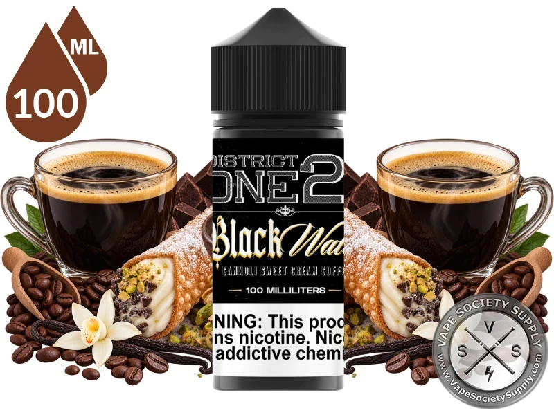 Black Water District One21 100ml bottle with cups of black coffee, cannoli, coffee beans and vanilla
